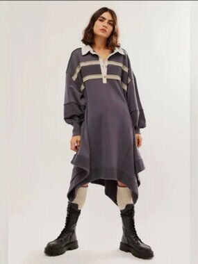 Free People Blair Sweatshirt Oversized Striped Asymmetrical Polo Dress S